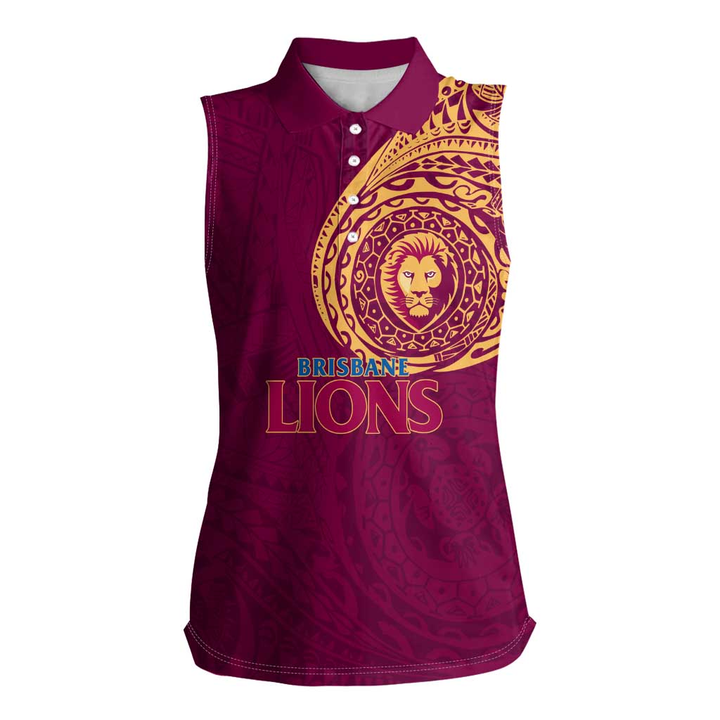 Personalized Brisbane Lions Polynesian Women Sleeveless Polo Shirt Tribal Chest and Sleeve Tattoo Heritage Warrior
