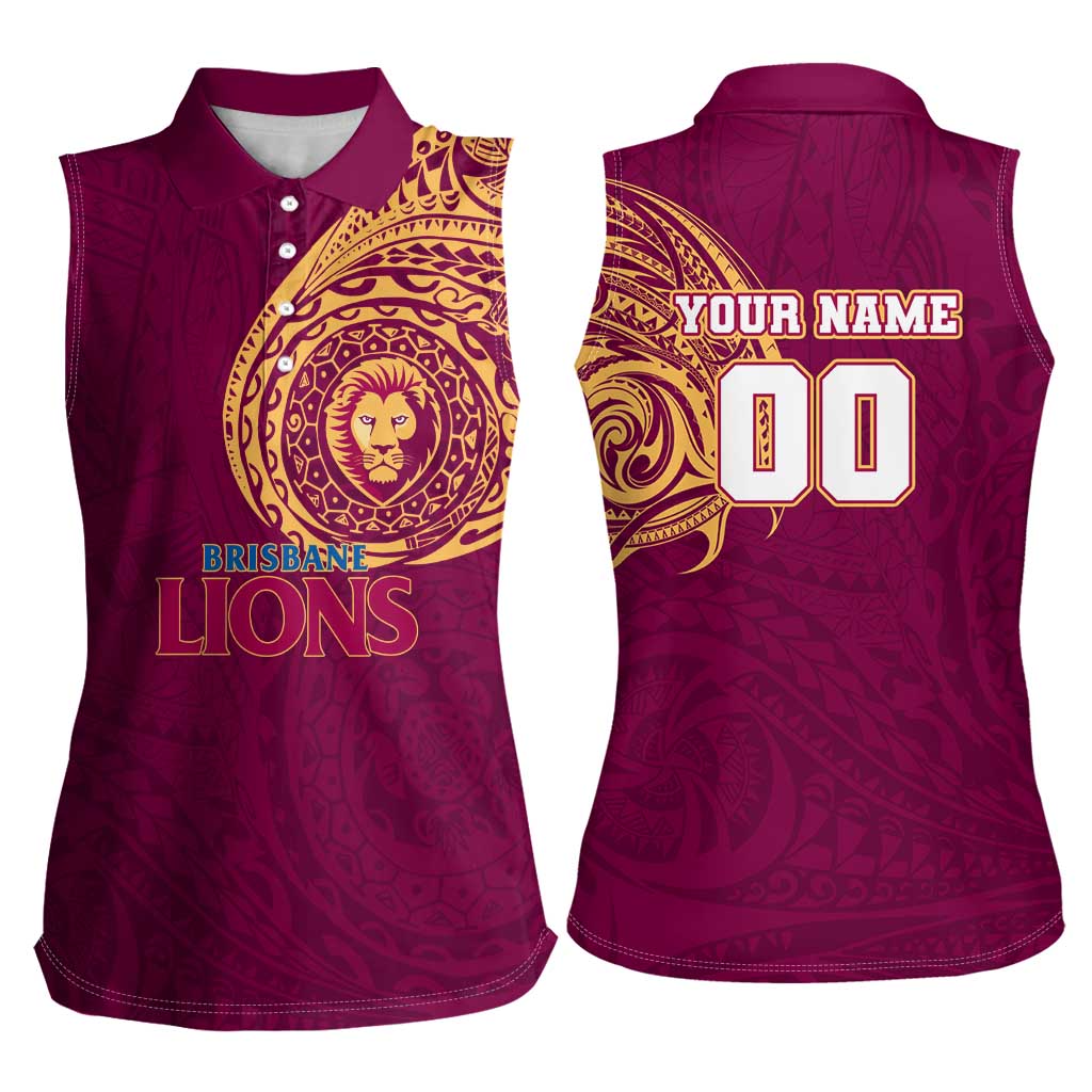 Personalized Brisbane Lions Polynesian Women Sleeveless Polo Shirt Tribal Chest and Sleeve Tattoo Heritage Warrior