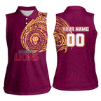 Personalized Brisbane Lions Polynesian Women Sleeveless Polo Shirt Tribal Chest and Sleeve Tattoo Heritage Warrior