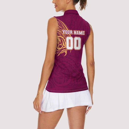 Personalized Brisbane Lions Polynesian Women Sleeveless Polo Shirt Tribal Chest and Sleeve Tattoo Heritage Warrior