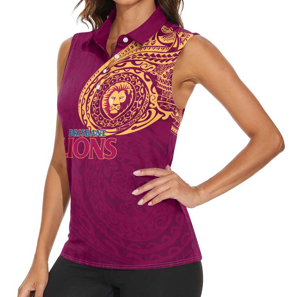 Personalized Brisbane Lions Polynesian Women Sleeveless Polo Shirt Tribal Chest and Sleeve Tattoo Heritage Warrior