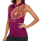 Personalized Brisbane Lions Polynesian Women Sleeveless Polo Shirt Tribal Chest and Sleeve Tattoo Heritage Warrior