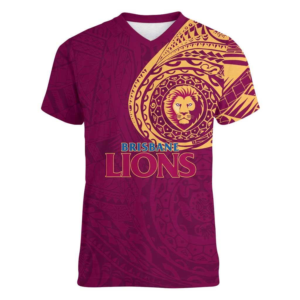 Personalized Brisbane Lions Polynesian Women V-Neck T-Shirt Tribal Chest and Sleeve Tattoo Heritage Warrior