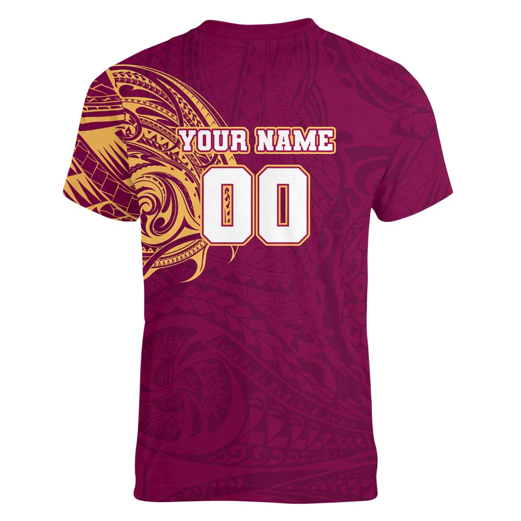 Personalized Brisbane Lions Polynesian Women V-Neck T-Shirt Tribal Chest and Sleeve Tattoo Heritage Warrior