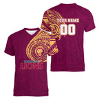 Personalized Brisbane Lions Polynesian Women V-Neck T-Shirt Tribal Chest and Sleeve Tattoo Heritage Warrior