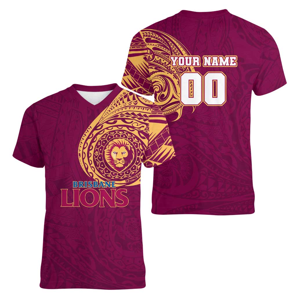 Personalized Brisbane Lions Polynesian Women V-Neck T-Shirt Tribal Chest and Sleeve Tattoo Heritage Warrior