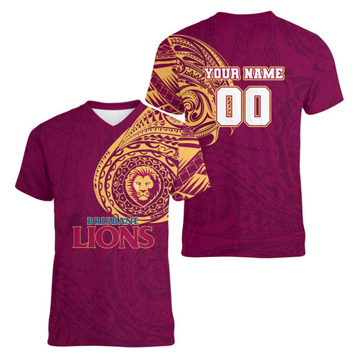 Personalized Brisbane Lions Polynesian Women V-Neck T-Shirt Tribal Chest and Sleeve Tattoo Heritage Warrior