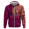 Personalized Brisbane Lions Polynesian Zip Hoodie Tribal Chest and Sleeve Tattoo Heritage Warrior