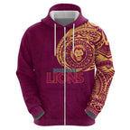 Personalized Brisbane Lions Polynesian Zip Hoodie Tribal Chest and Sleeve Tattoo Heritage Warrior