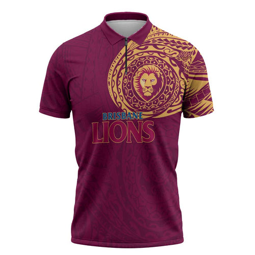 Personalized Brisbane Lions Polynesian Zipper Polo Shirt Tribal Chest and Sleeve Tattoo Heritage Warrior