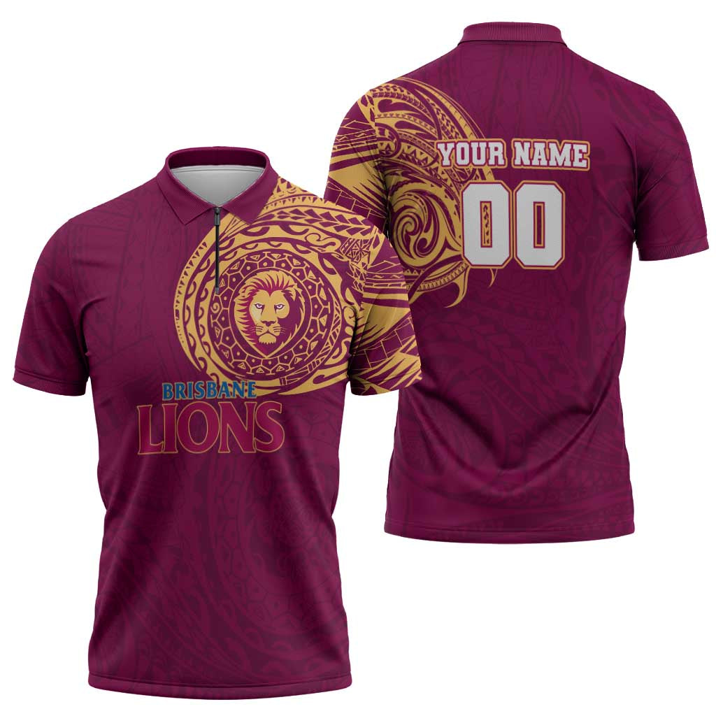 Personalized Brisbane Lions Polynesian Zipper Polo Shirt Tribal Chest and Sleeve Tattoo Heritage Warrior