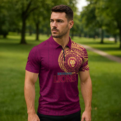Personalized Brisbane Lions Polynesian Zipper Polo Shirt Tribal Chest and Sleeve Tattoo Heritage Warrior