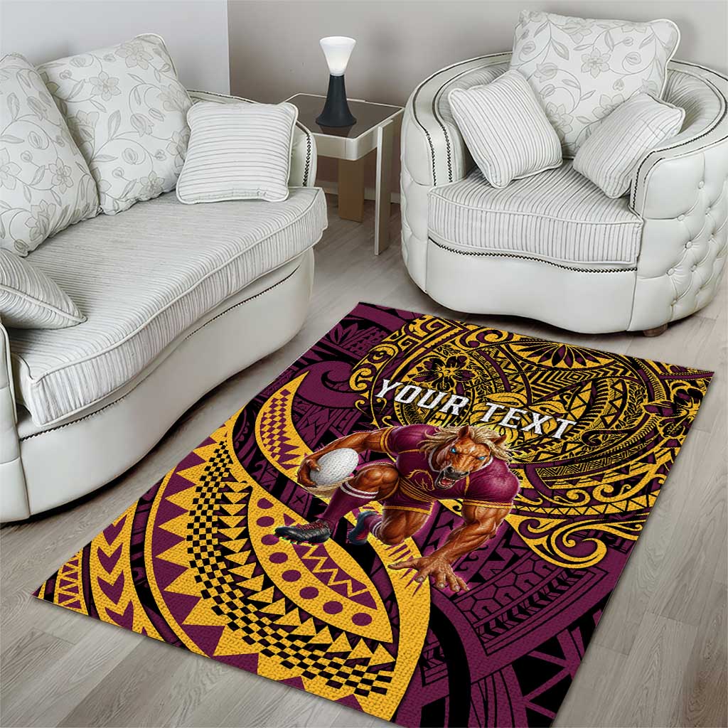 Personalised Brisbane Broncos Area Rug Polynesian Pattern Warrior Horse Rugby