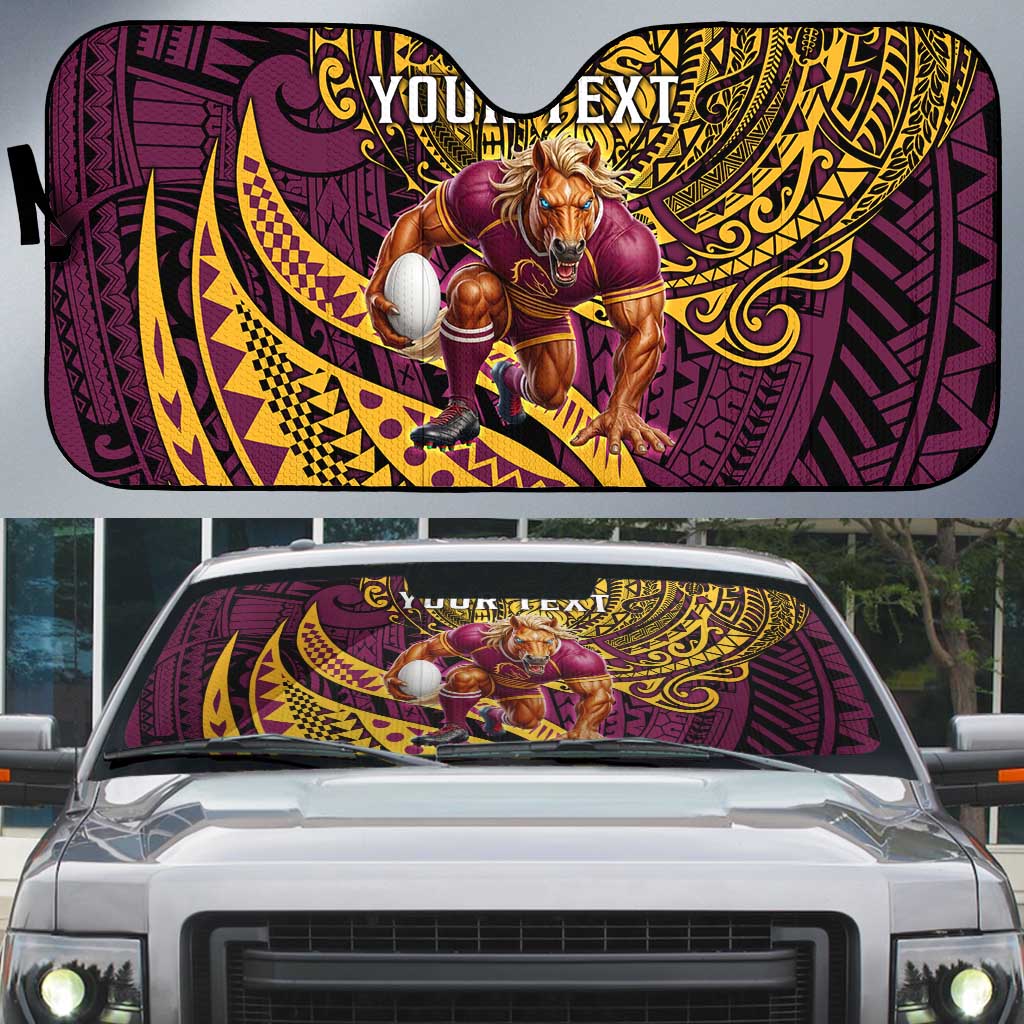 Personalised Brisbane Broncos Auto Sun Shade Polynesian Pattern Warrior Horse Rugby