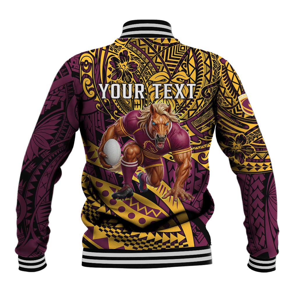 Personalised Brisbane Broncos Baseball Jacket Polynesian Pattern Warrior Horse Rugby