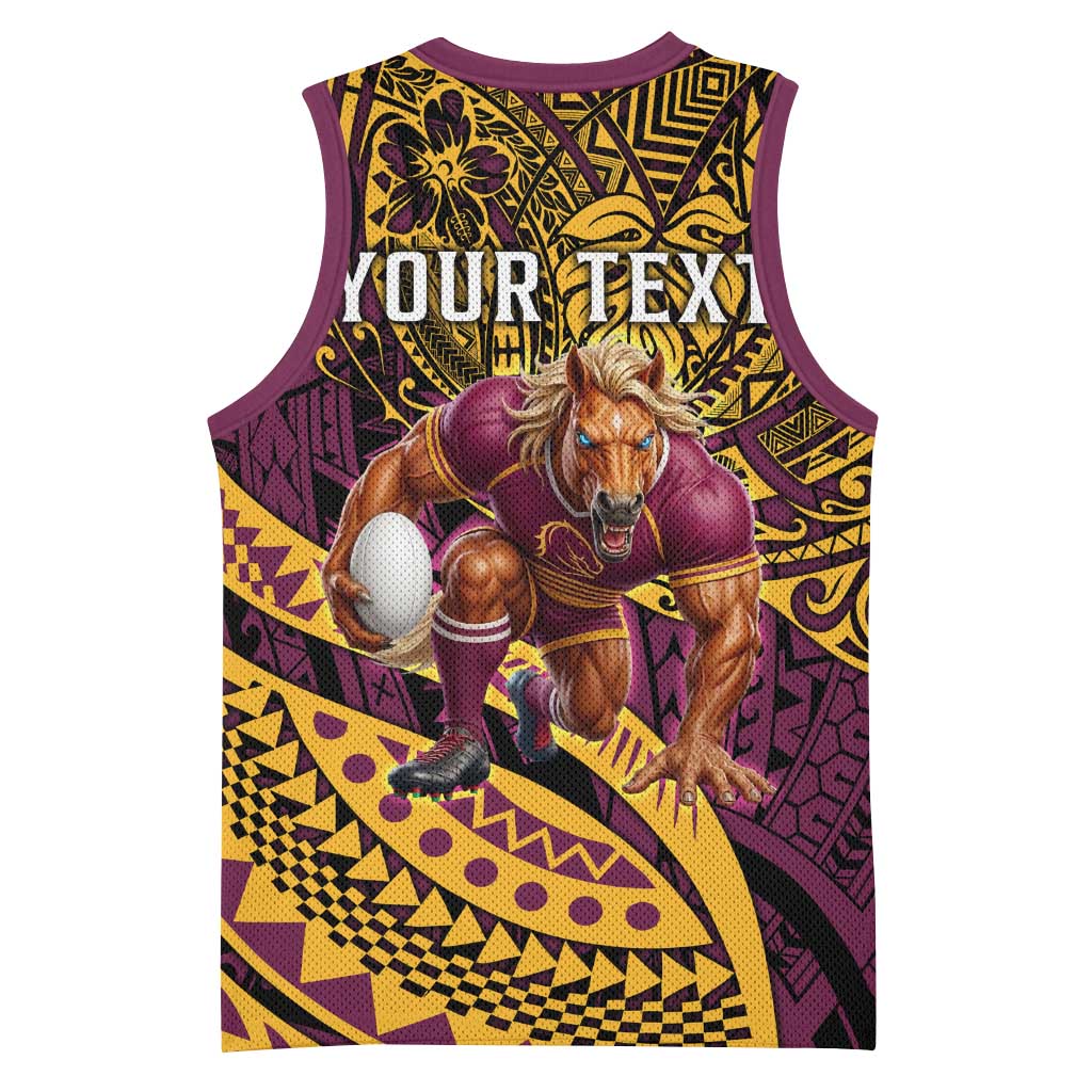 Personalised Brisbane Broncos Basketball Jersey Polynesian Pattern Warrior Horse Rugby