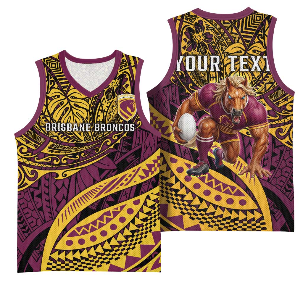 Personalised Brisbane Broncos Basketball Jersey Polynesian Pattern Warrior Horse Rugby