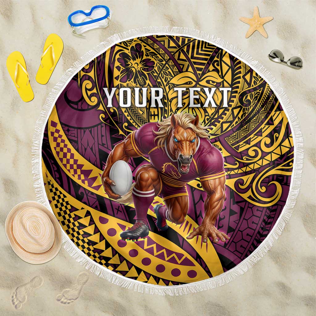 Personalised Brisbane Broncos Beach Blanket Polynesian Pattern Warrior Horse Rugby