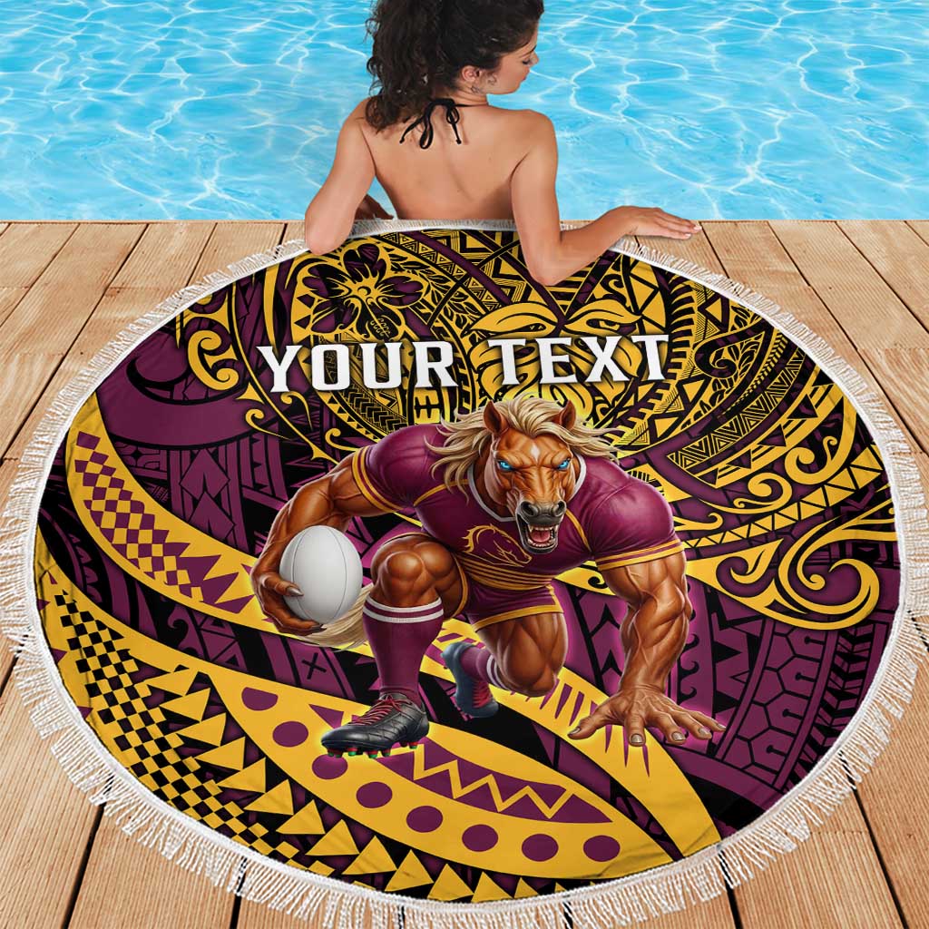 Personalised Brisbane Broncos Beach Blanket Polynesian Pattern Warrior Horse Rugby