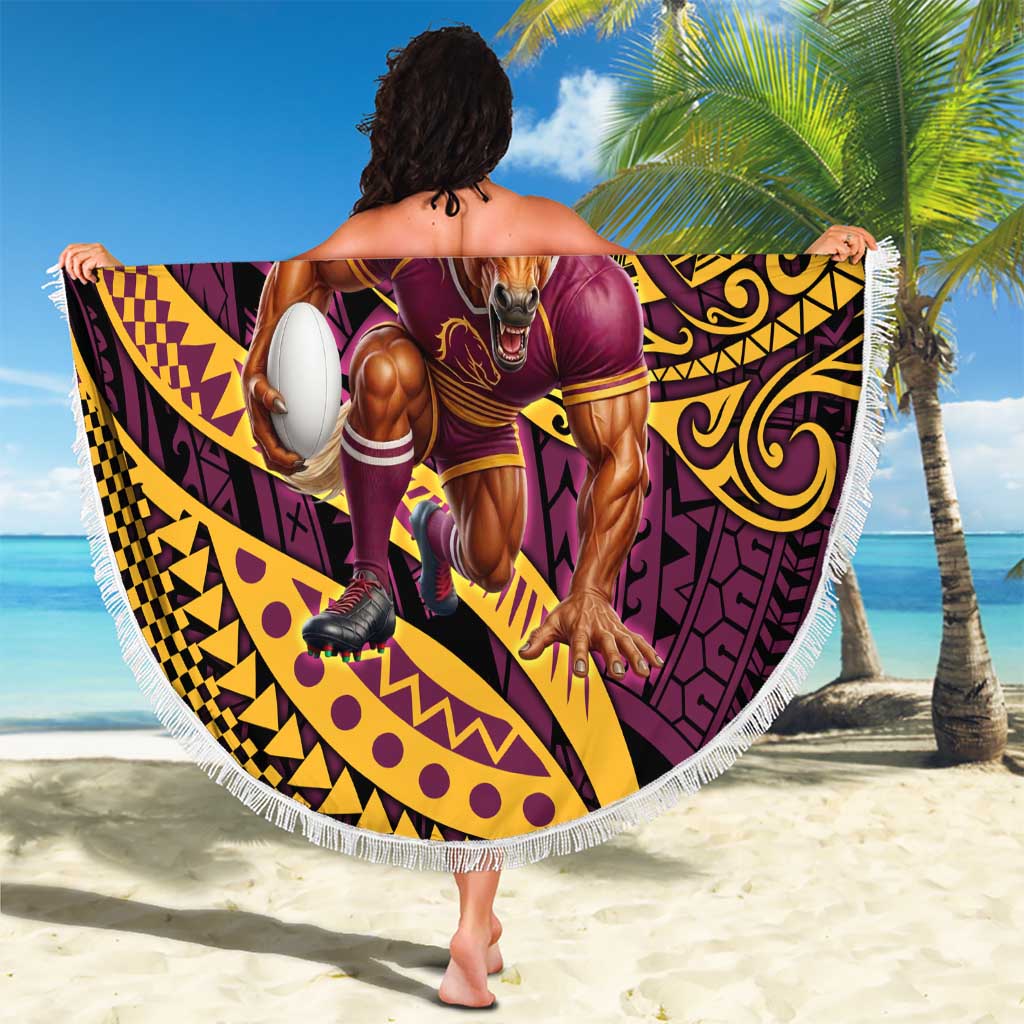 Personalised Brisbane Broncos Beach Blanket Polynesian Pattern Warrior Horse Rugby