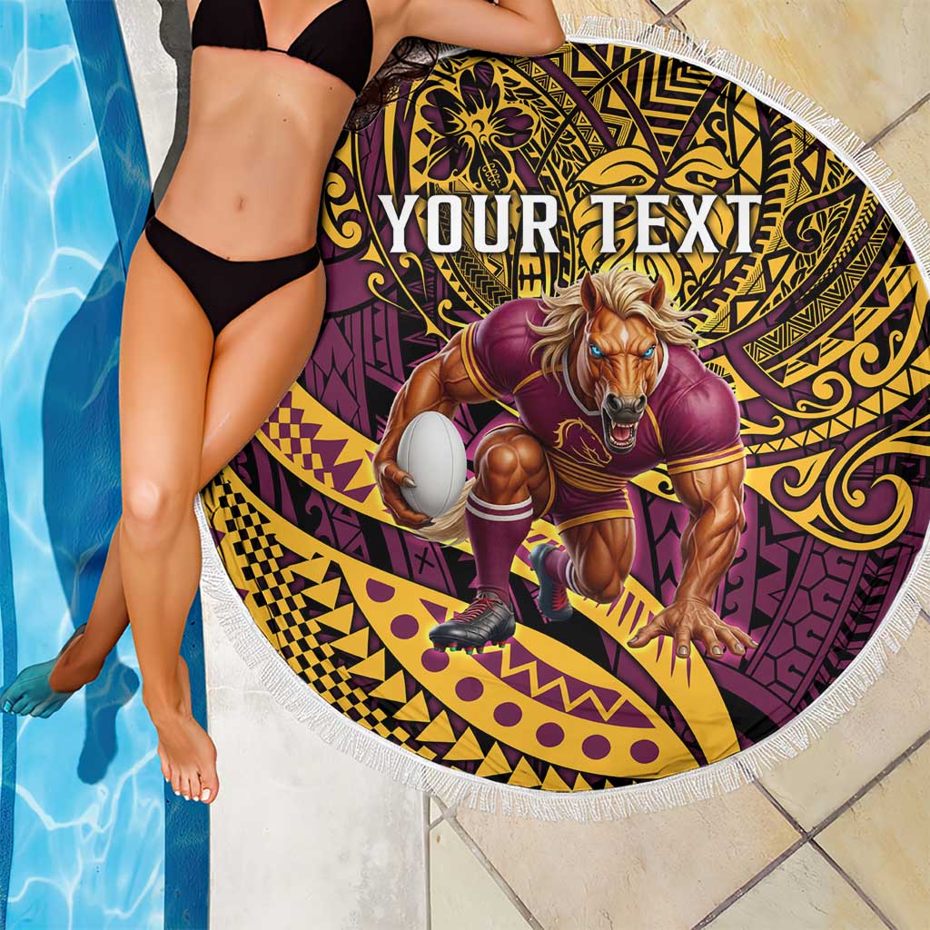 Personalised Brisbane Broncos Beach Blanket Polynesian Pattern Warrior Horse Rugby