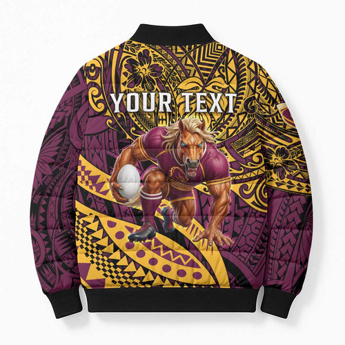 Personalised Brisbane Broncos Bomber Puffer Jacket Polynesian Pattern Warrior Horse Rugby