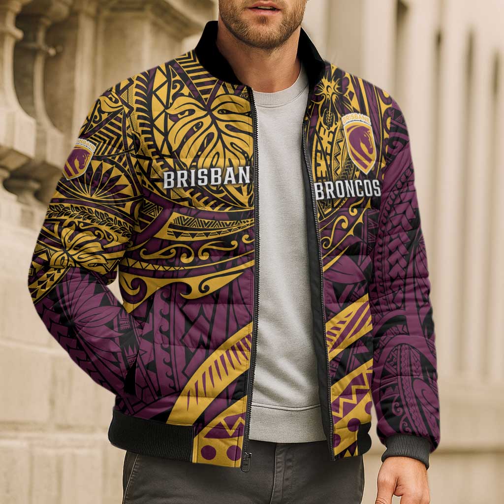Personalised Brisbane Broncos Bomber Puffer Jacket Polynesian Pattern Warrior Horse Rugby