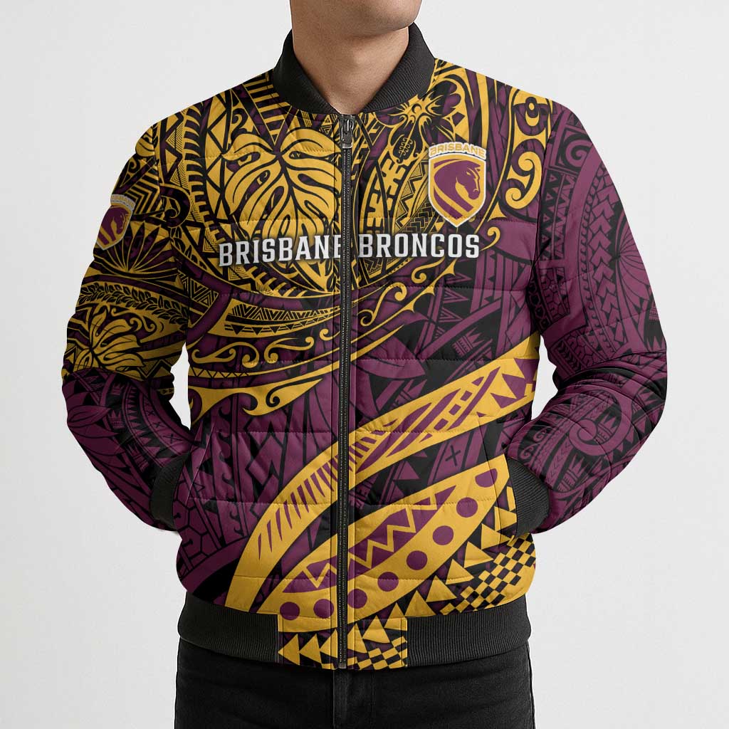 Personalised Brisbane Broncos Bomber Puffer Jacket Polynesian Pattern Warrior Horse Rugby