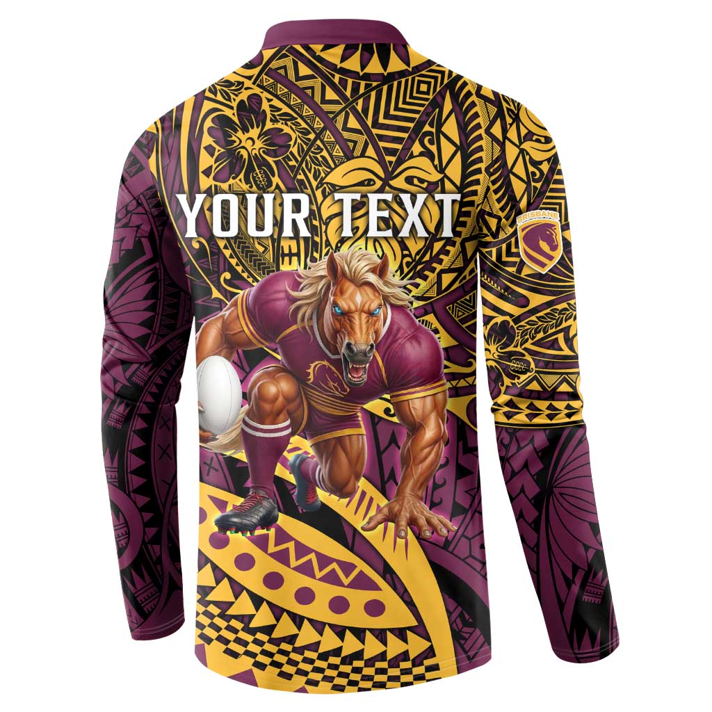 Personalised Brisbane Broncos Button Sweatshirt Polynesian Pattern Warrior Horse Rugby