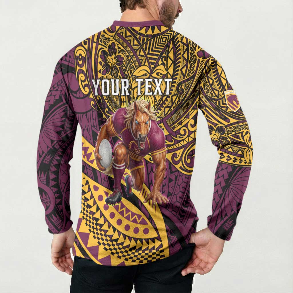 Personalised Brisbane Broncos Button Sweatshirt Polynesian Pattern Warrior Horse Rugby