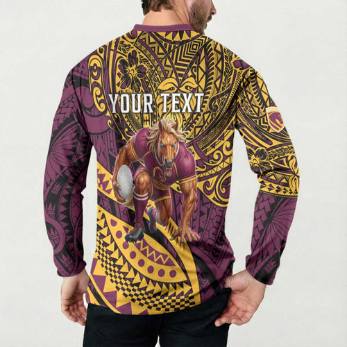 Personalised Brisbane Broncos Button Sweatshirt Polynesian Pattern Warrior Horse Rugby