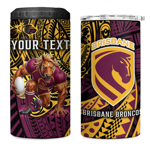 Personalised Brisbane Broncos 4 in 1 Can Cooler Tumbler Polynesian Pattern Warrior Horse Rugby