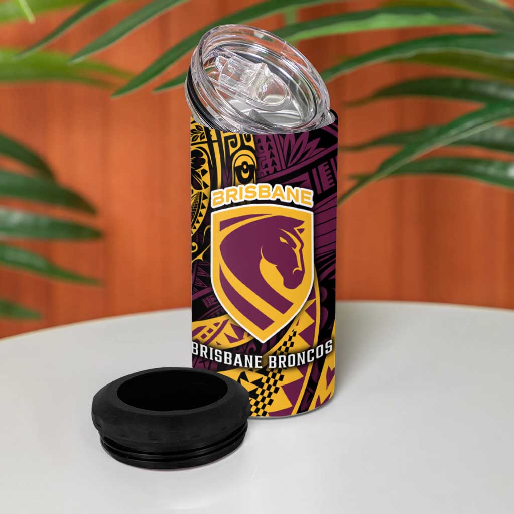 Personalised Brisbane Broncos 4 in 1 Can Cooler Tumbler Polynesian Pattern Warrior Horse Rugby