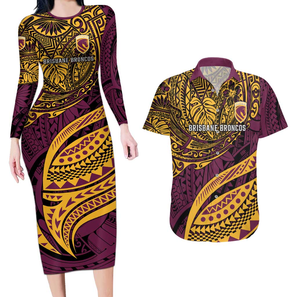 Personalised Brisbane Broncos Couples Matching Long Sleeve Bodycon Dress and Hawaiian Shirt Polynesian Pattern Warrior Horse Rugby