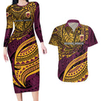 Personalised Brisbane Broncos Couples Matching Long Sleeve Bodycon Dress and Hawaiian Shirt Polynesian Pattern Warrior Horse Rugby