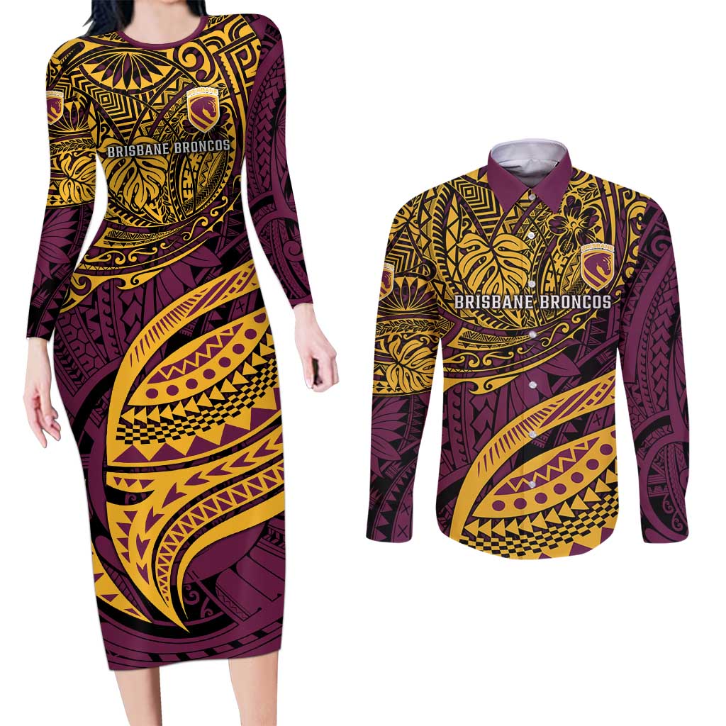 Personalised Brisbane Broncos Couples Matching Long Sleeve Bodycon Dress and Long Sleeve Button Shirt Polynesian Pattern Warrior Horse Rugby