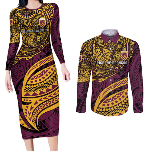 Personalised Brisbane Broncos Couples Matching Long Sleeve Bodycon Dress and Long Sleeve Button Shirt Polynesian Pattern Warrior Horse Rugby