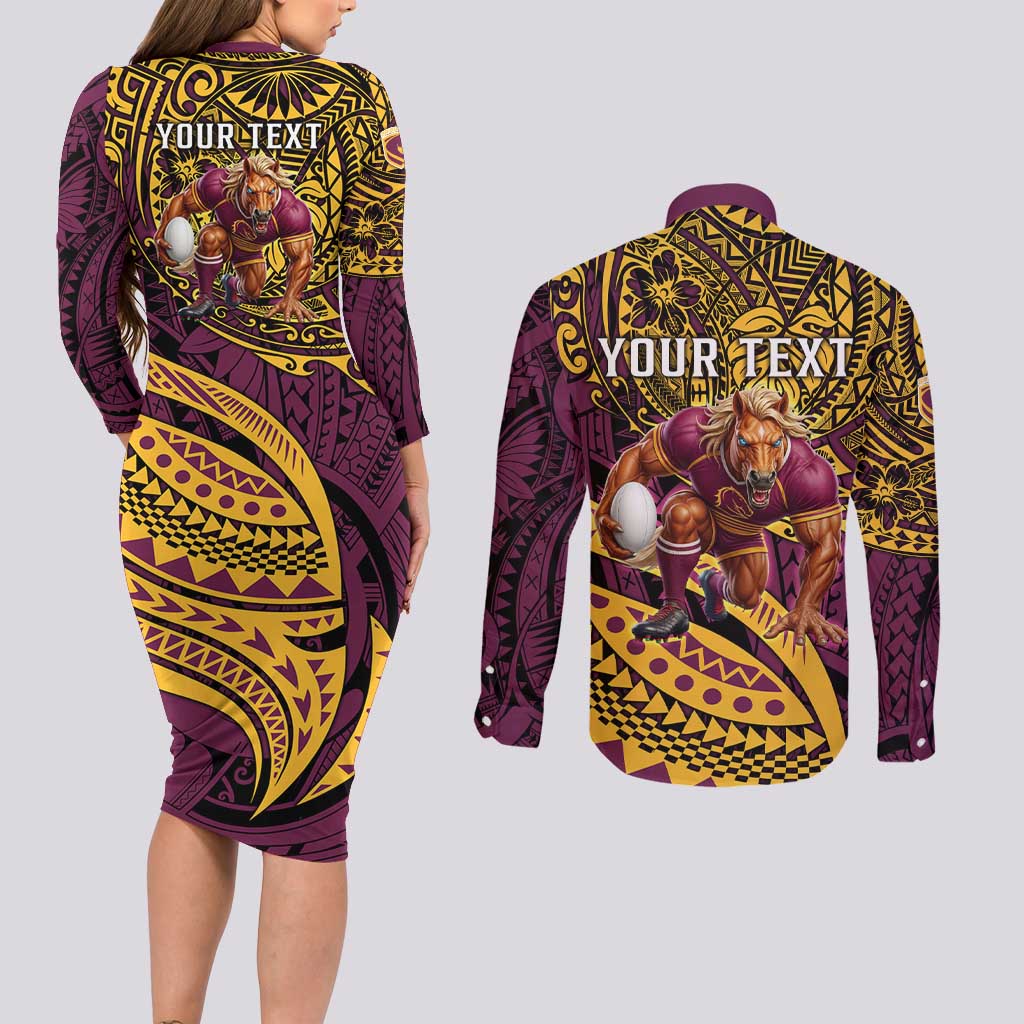 Personalised Brisbane Broncos Couples Matching Long Sleeve Bodycon Dress and Long Sleeve Button Shirt Polynesian Pattern Warrior Horse Rugby