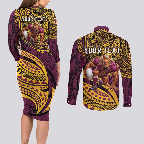 Personalised Brisbane Broncos Couples Matching Long Sleeve Bodycon Dress and Long Sleeve Button Shirt Polynesian Pattern Warrior Horse Rugby