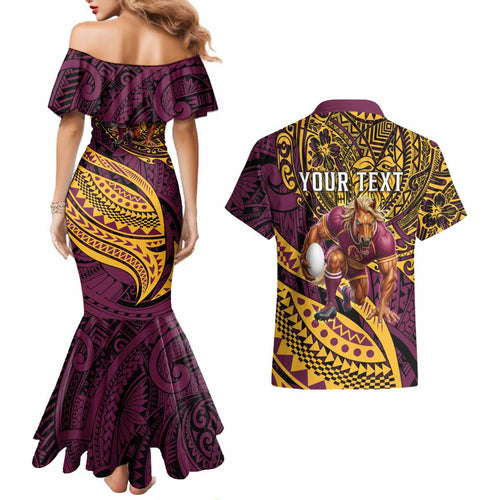 Personalised Brisbane Broncos Couples Matching Mermaid Dress and Hawaiian Shirt Polynesian Pattern Warrior Horse Rugby