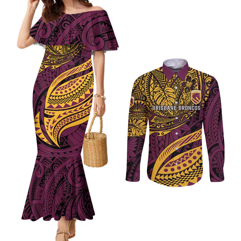 Personalised Brisbane Broncos Couples Matching Mermaid Dress and Long Sleeve Button Shirt Polynesian Pattern Warrior Horse Rugby
