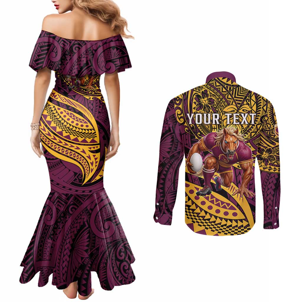 Personalised Brisbane Broncos Couples Matching Mermaid Dress and Long Sleeve Button Shirt Polynesian Pattern Warrior Horse Rugby