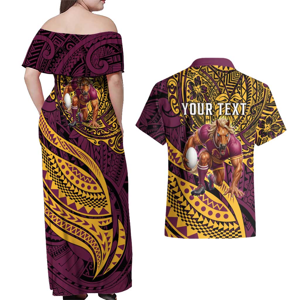 Personalised Brisbane Broncos Couples Matching Off Shoulder Maxi Dress and Hawaiian Shirt Polynesian Pattern Warrior Horse Rugby
