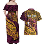 Personalised Brisbane Broncos Couples Matching Off Shoulder Maxi Dress and Hawaiian Shirt Polynesian Pattern Warrior Horse Rugby