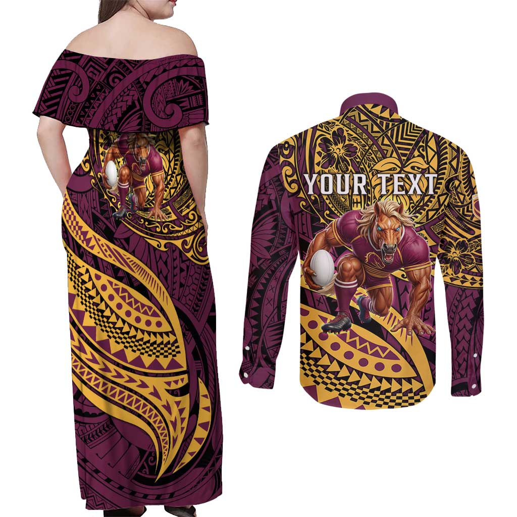 Personalised Brisbane Broncos Couples Matching Off Shoulder Maxi Dress and Long Sleeve Button Shirt Polynesian Pattern Warrior Horse Rugby