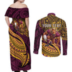 Personalised Brisbane Broncos Couples Matching Off Shoulder Maxi Dress and Long Sleeve Button Shirt Polynesian Pattern Warrior Horse Rugby