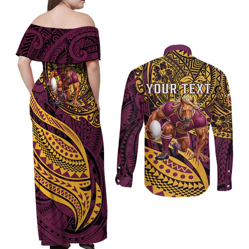Personalised Brisbane Broncos Couples Matching Off Shoulder Maxi Dress and Long Sleeve Button Shirt Polynesian Pattern Warrior Horse Rugby