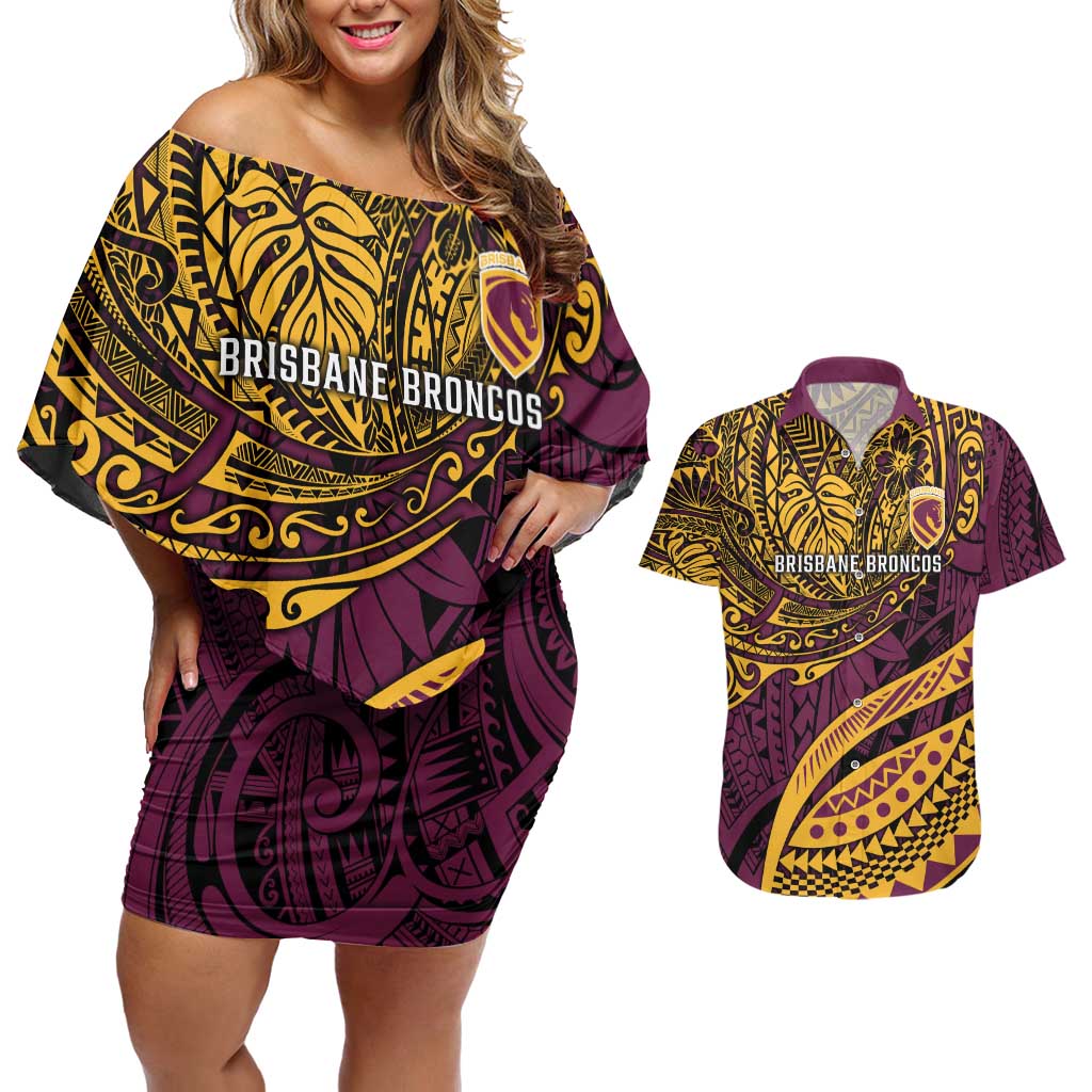 Personalised Brisbane Broncos Couples Matching Off Shoulder Short Dress and Hawaiian Shirt Polynesian Pattern Warrior Horse Rugby