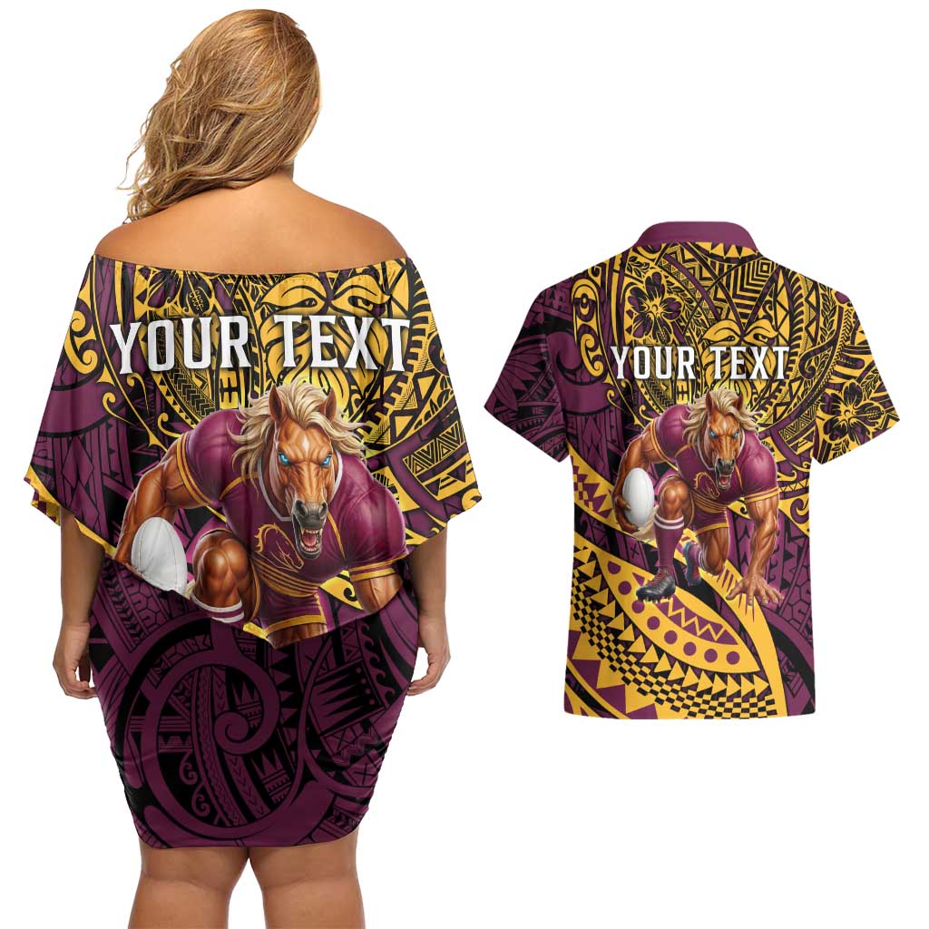 Personalised Brisbane Broncos Couples Matching Off Shoulder Short Dress and Hawaiian Shirt Polynesian Pattern Warrior Horse Rugby