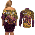 Personalised Brisbane Broncos Couples Matching Off Shoulder Short Dress and Long Sleeve Button Shirt Polynesian Pattern Warrior Horse Rugby